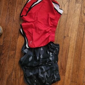 Nike Women's Red Running Shorts with Black Camo Training Shorts
